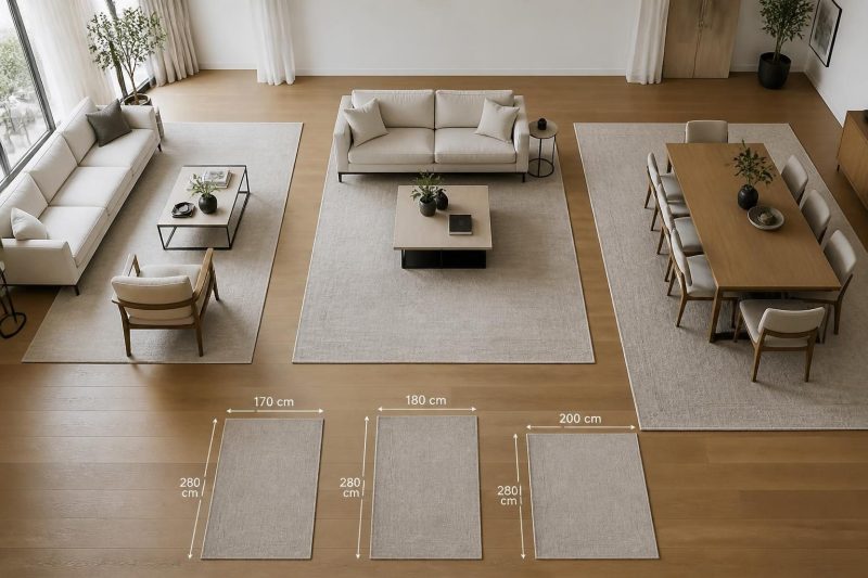 5 Metrekare Halı Kaç cm Olur? 170×280, 180×280 ve 200×250 Ölçülerinde Salon ile Yemek Alanı İçin Yerleşim Rehberi