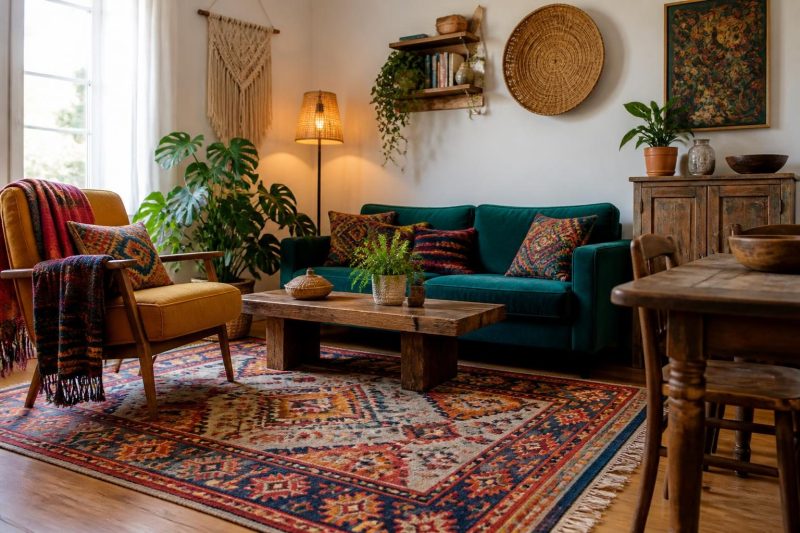 Bohem Halı Nasıl Kombinlenir? Desenli Kilim, Renkli Koltuk ve Ahşap Mobilyada Görsel Karmaşayı Önleme Rehberi