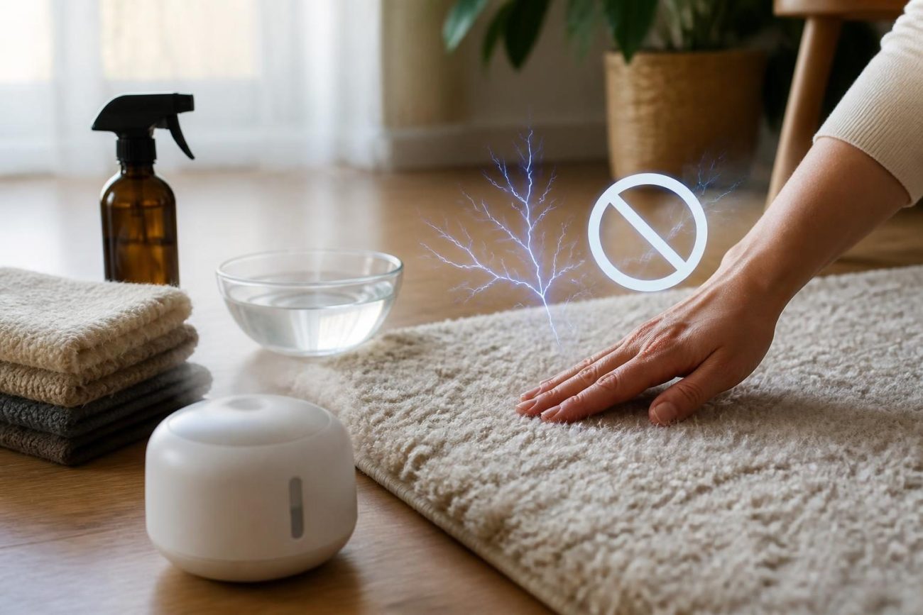 Halı elektriklenmesi nasıl önlenir için evde nem ve halı bakımı kontrolü