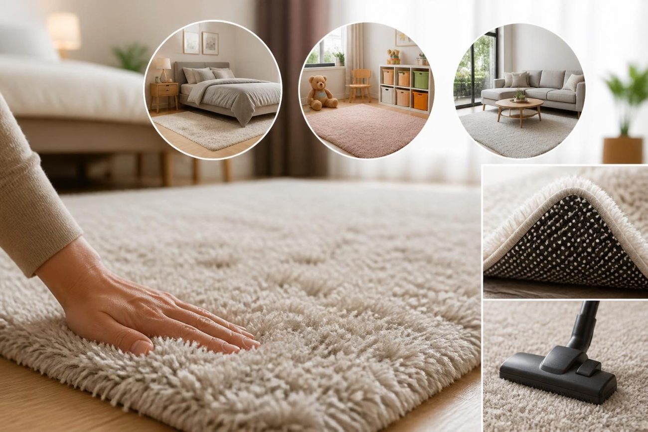 Peluş halı ile dekore edilmiş yatak odası