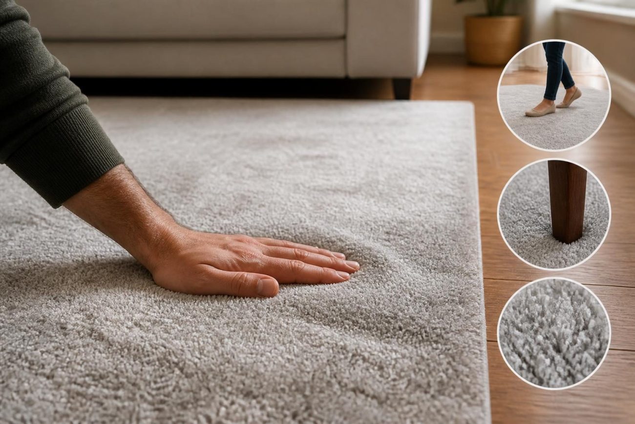 Polyester halı alınır mı sorusu için ezilme ve iz tutma örneği